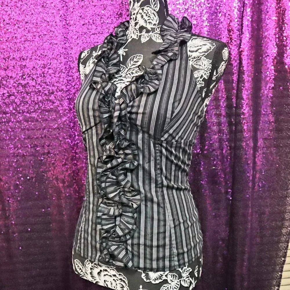 Black Halter Top Small Truth NYC Women Striped Ruffle Smocked Lurex Shimmer